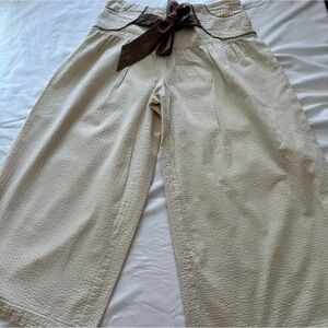 Anthropologie Cream Wide-Leg Capris with Brown Tie Waist